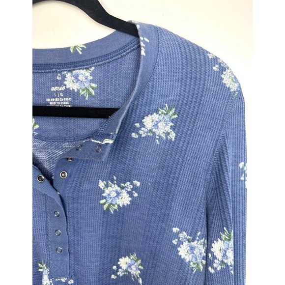 Aerie Waffle Knit Thermal Henley Shirt Women's Large Floral Long Sleeve Snap - Picture 4 of 10